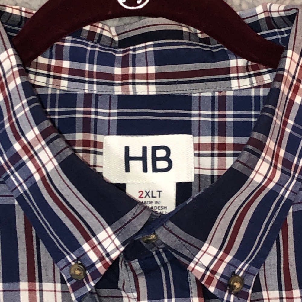 HARBOR BAY Button Up‎ Shirt Men's Dark Blue Red White Plaid Short Sleeve XXL